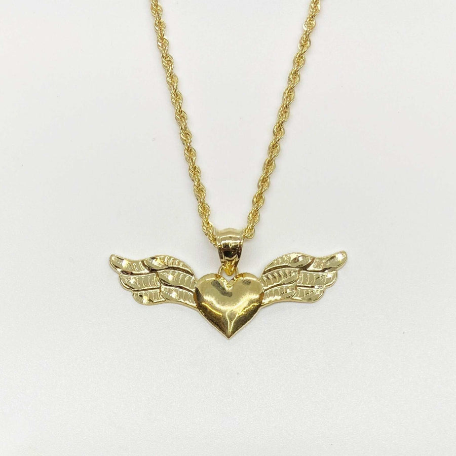 10k yellow gold heart pendant with outstretched angel wings on a gold rope chain.
