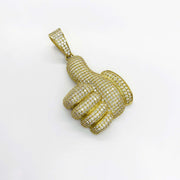 Front view of a 10k yellow gold iced-out thumbs up CZ pendant charm.