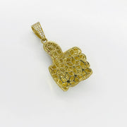 Back view of a 10k yellow gold thumbs up CZ pendant showing the hollow grid structure.