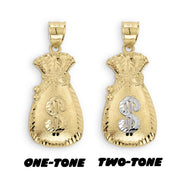 Comparison of one-tone yellow gold and two-tone gold moneybag pendants.