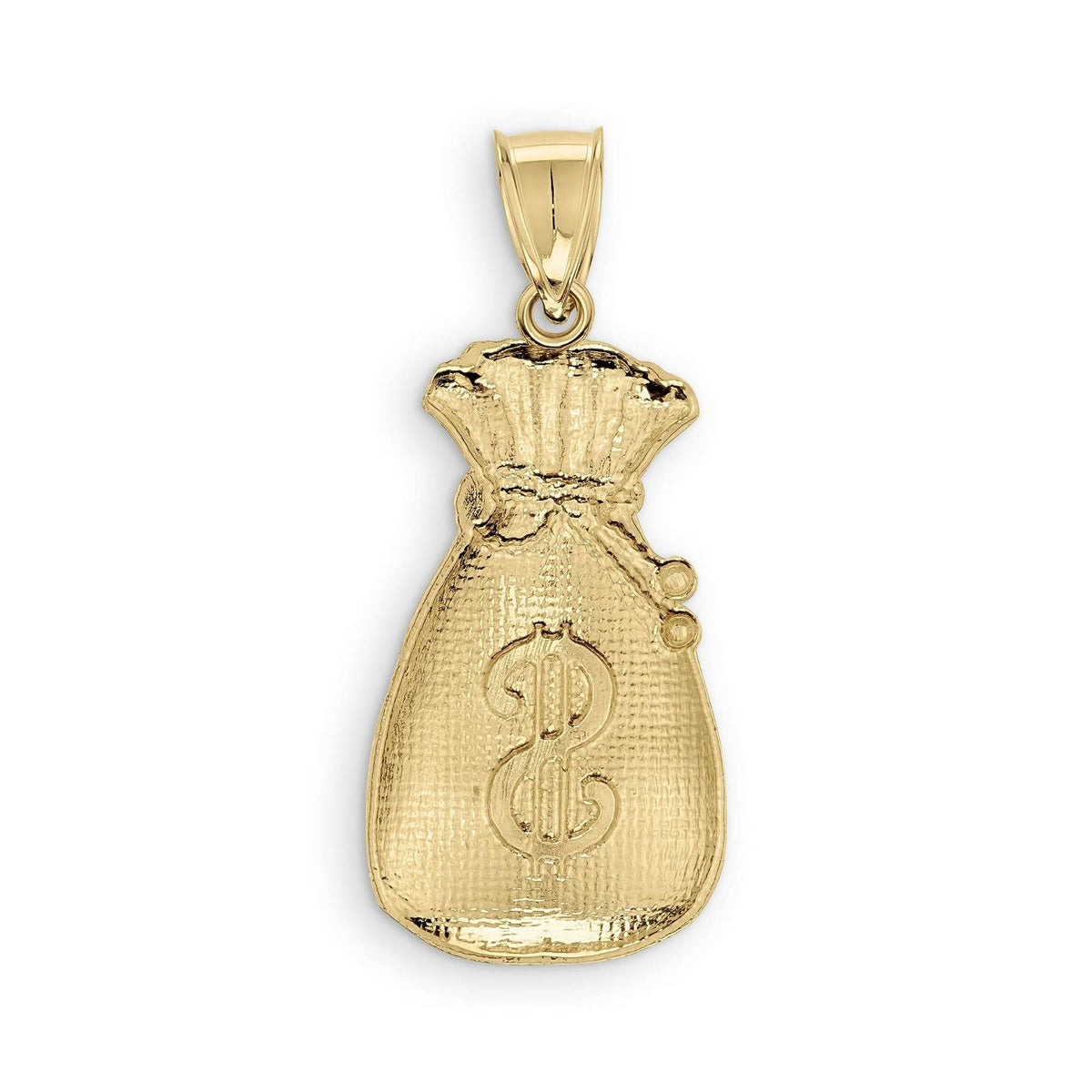Back view of yellow gold moneybag pendant featuring hollow reverse side.
