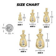 Size chart showing five moneybag pendant options with height and width dimensions.