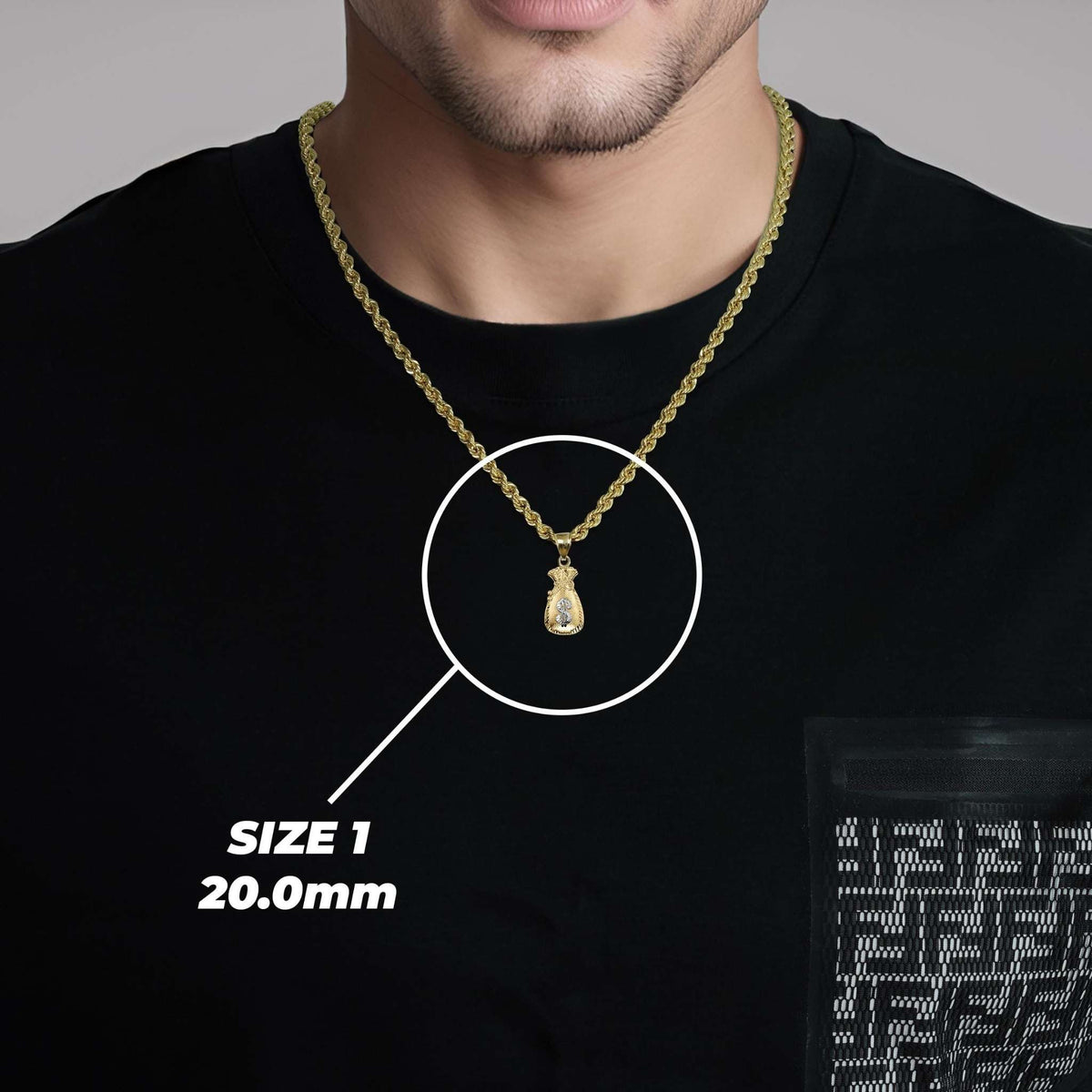 Model wearing Size 1 (20.0mm) gold moneybag pendant on rope chain necklace.