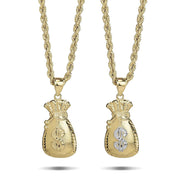 Front view of two-tone and yellow gold moneybag pendants on rope chains.