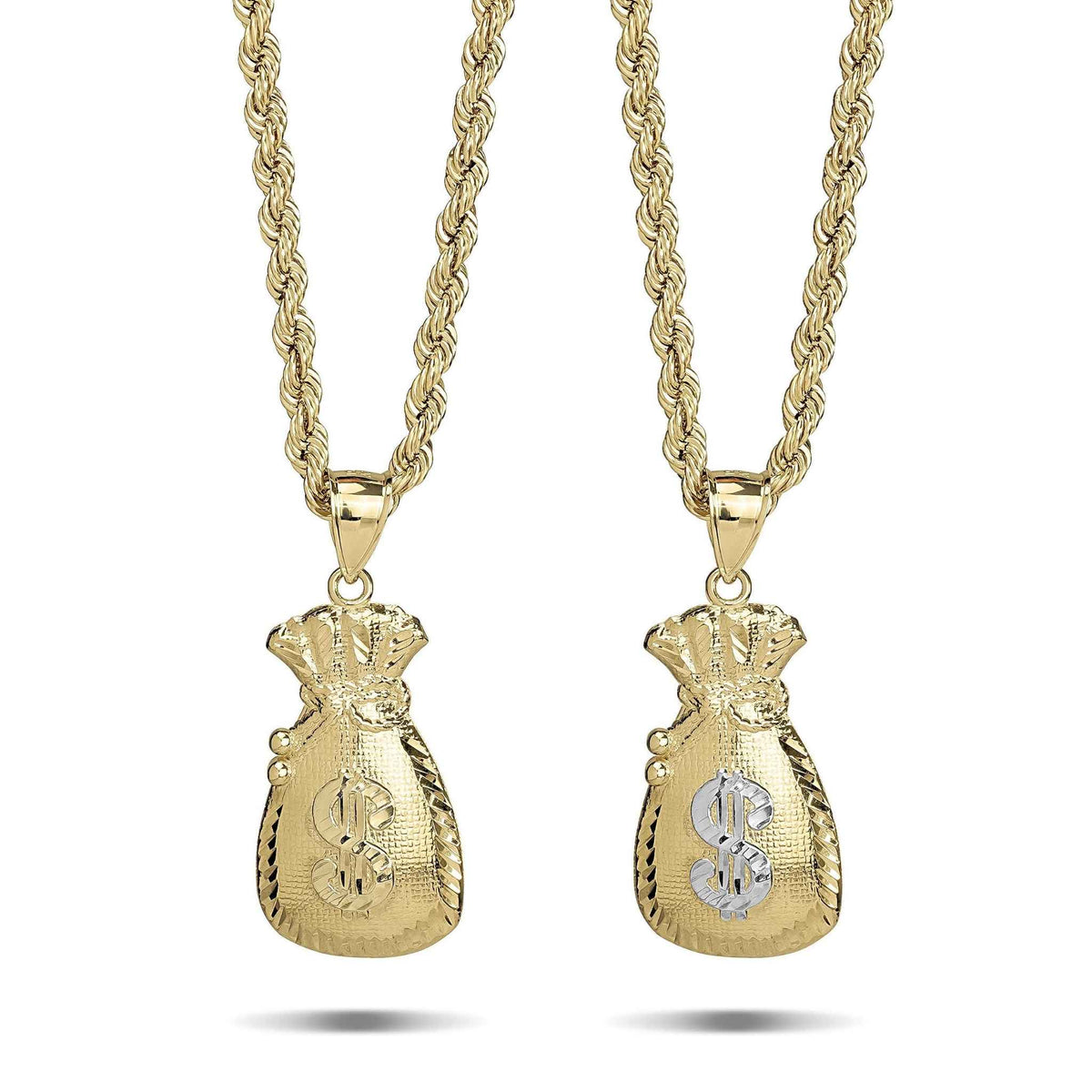Front view of two-tone and yellow gold moneybag pendants on rope chains.
