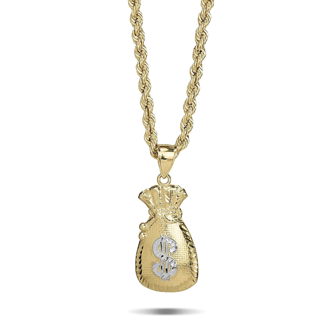 Two-tone gold money bag pendant necklace featuring a rope chain and a silver dollar sign.