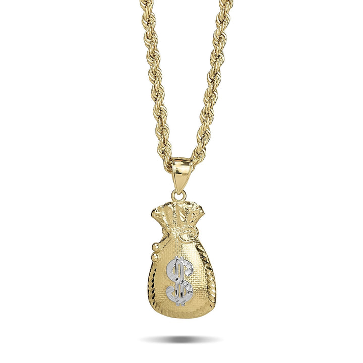 Two-tone gold money bag pendant necklace featuring a rope chain and a silver dollar sign.