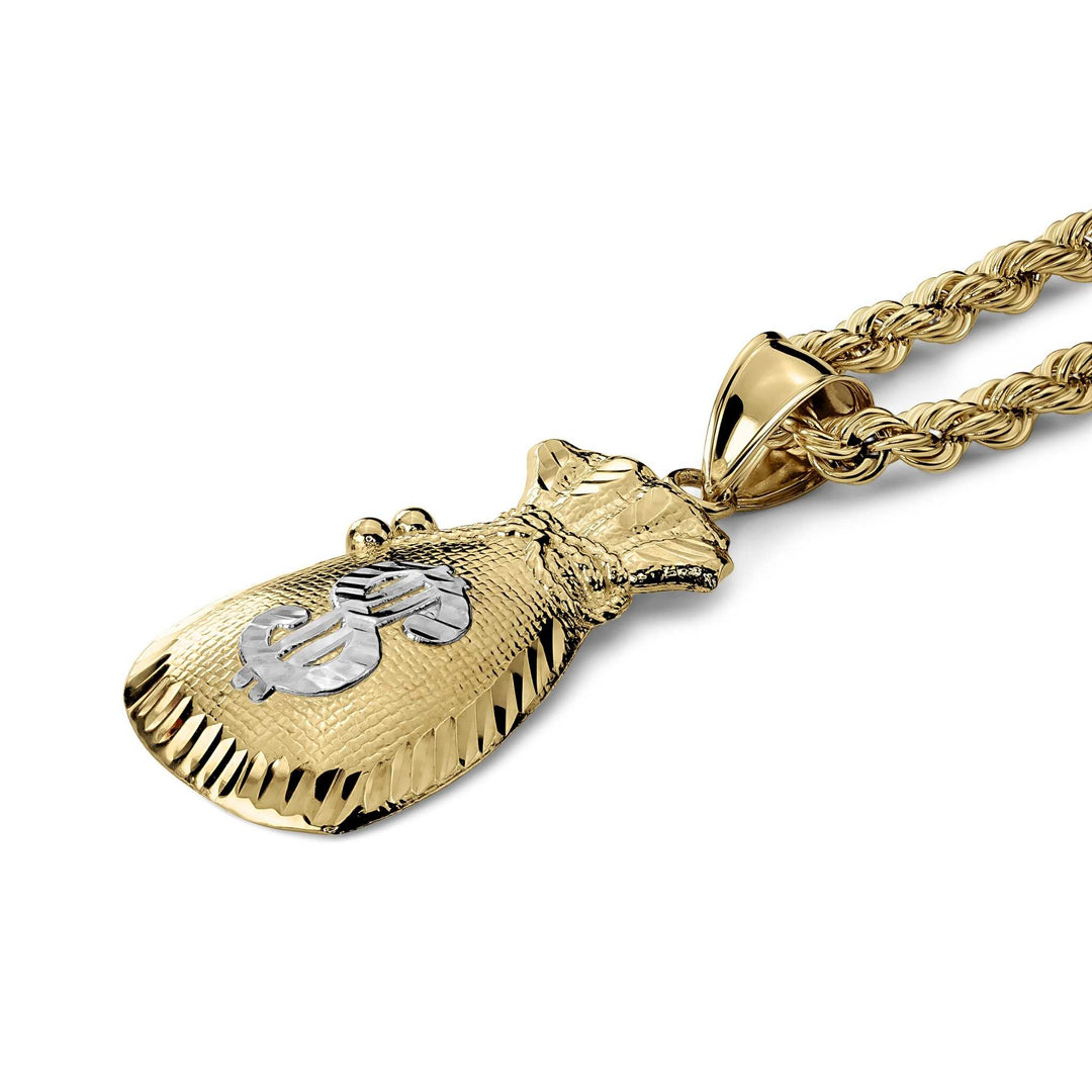 Two-tone gold money bag pendant necklace on a rope chain resting on a white background.