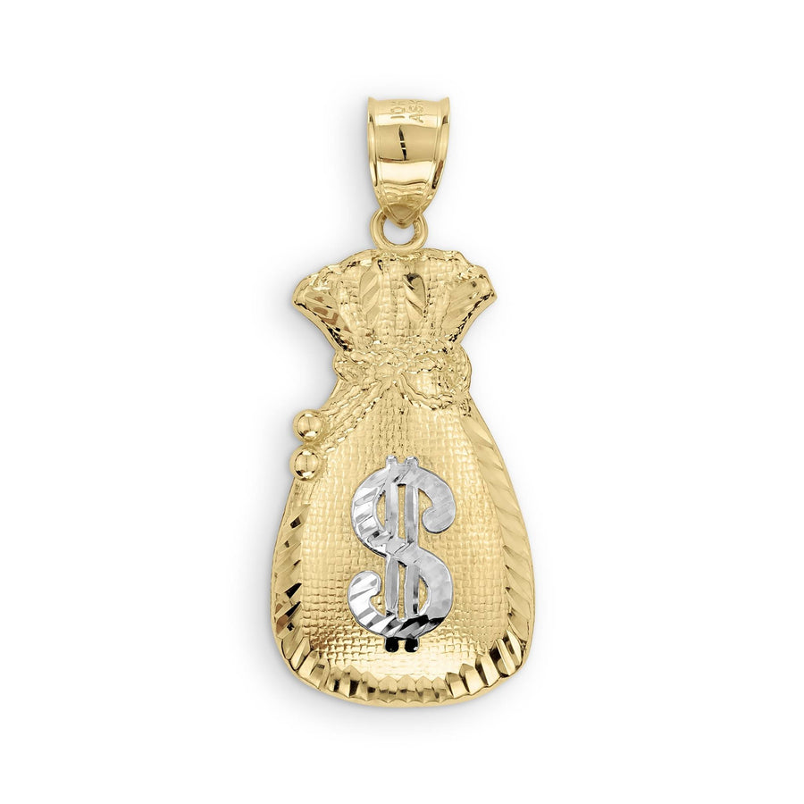 Two-tone gold money bag pendant with a diamond-cut textured finish and silver dollar sign.