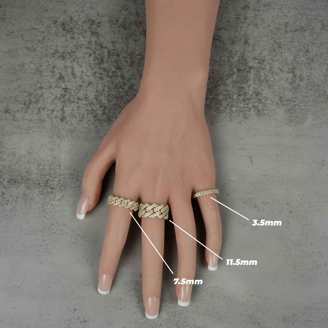 Model hand wearing three gold Cuban rings labeled 3.5mm, 7.5mm, and 11.5mm.