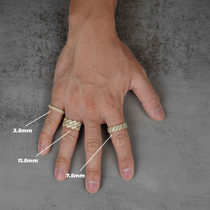 10K yellow gold Kyrix iced CZ Cuban band rings size comparison guide.