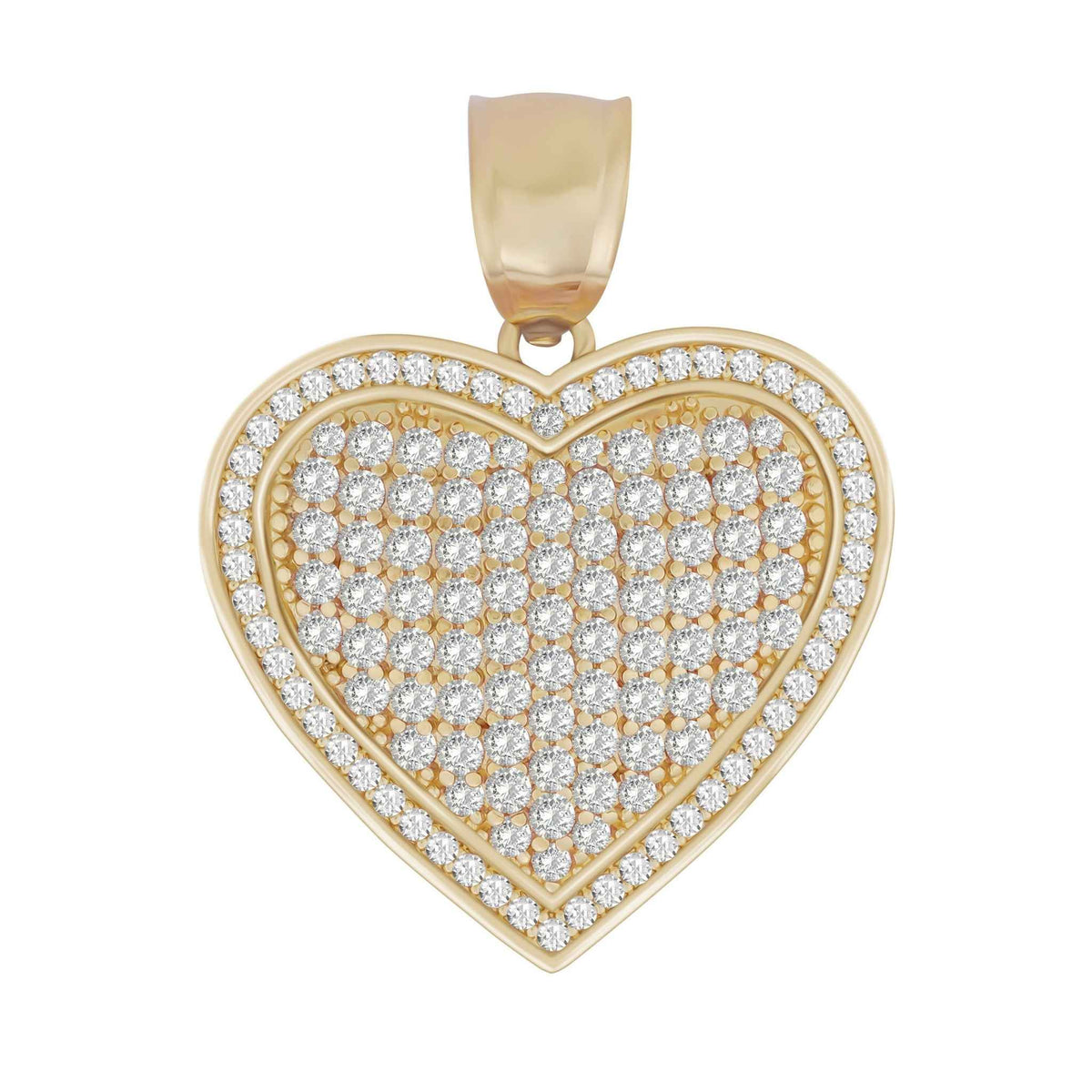 Front view of 10k gold white CZ heart pendant isolated on white background