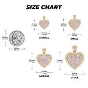 Size chart comparing four 10k gold pink CZ heart pendants to a US quarter