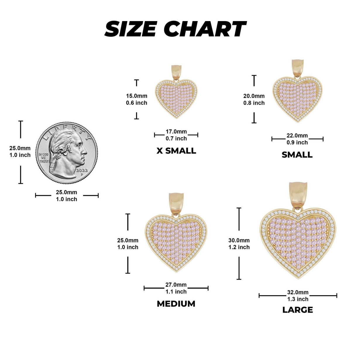 Size chart comparing four 10k gold pink CZ heart pendants to a US quarter