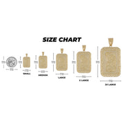 Size chart of 10k gold Pamp Suisse Lady Fortuna pendant charms compared to US quarter.