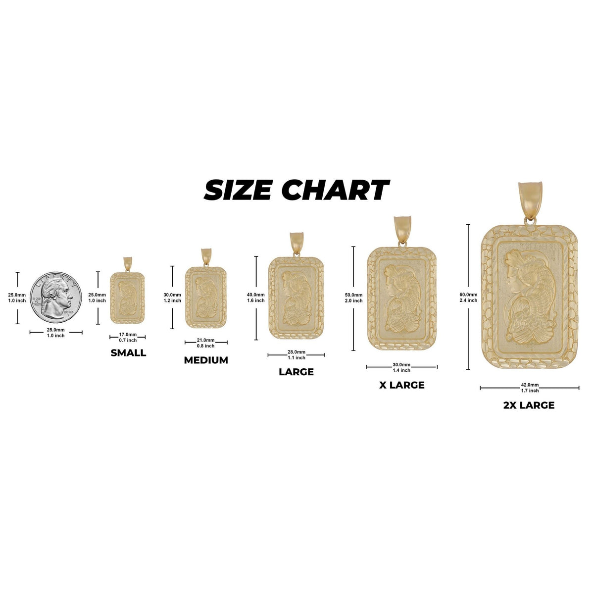 Size chart of 10k gold Pamp Suisse Lady Fortuna pendant charms compared to US quarter.