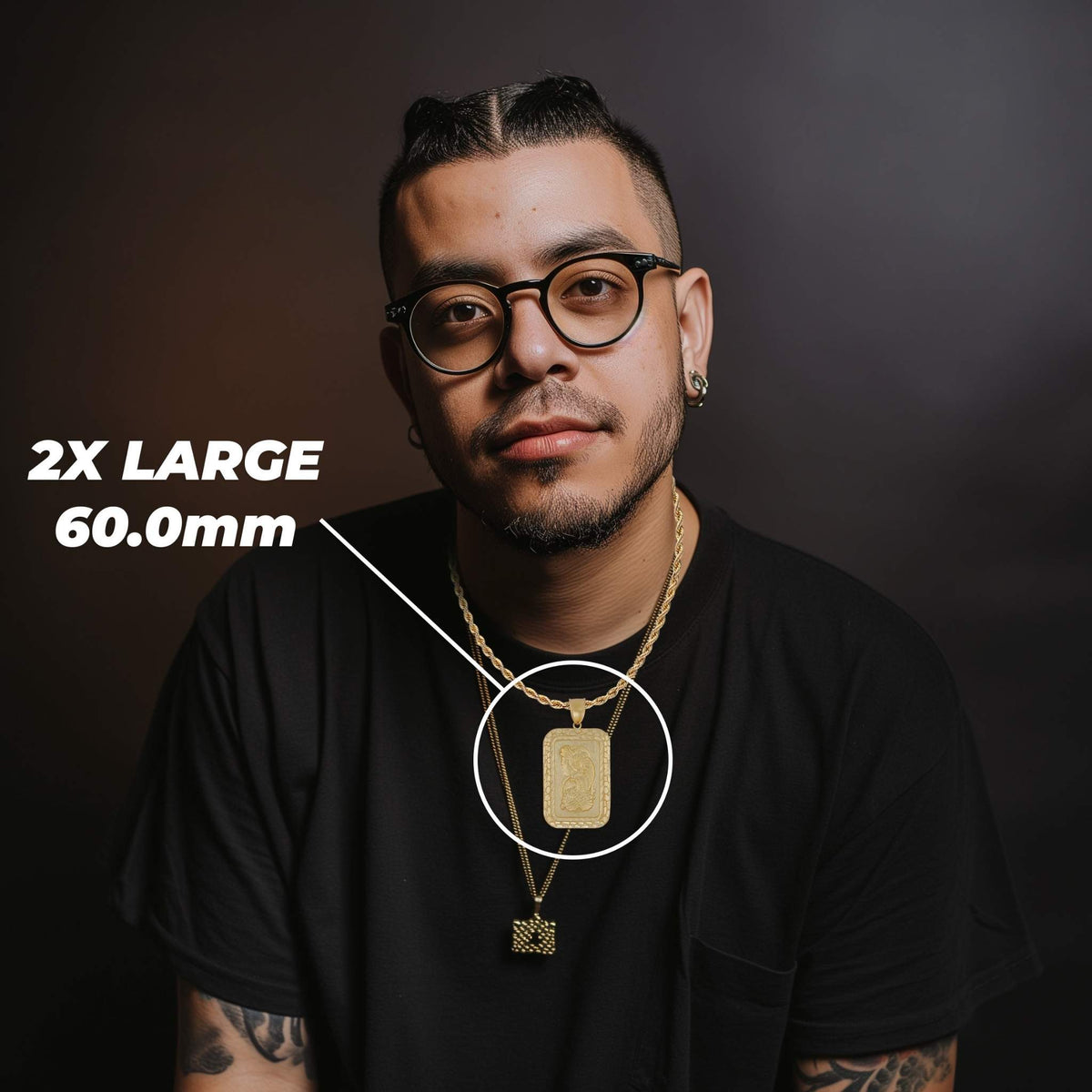 Model styled with 2X Large size Pamp Suisse Lady Fortuna pendant necklace and measurement overlay.