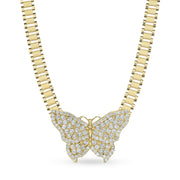 10k gold butterfly pendant paved with clear CZ stones on a Rolex style link chain.