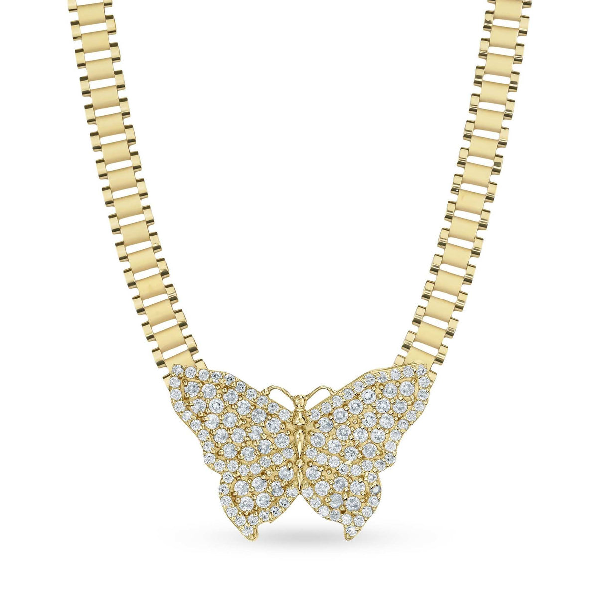 10k gold butterfly pendant paved with clear CZ stones on a Rolex style link chain.