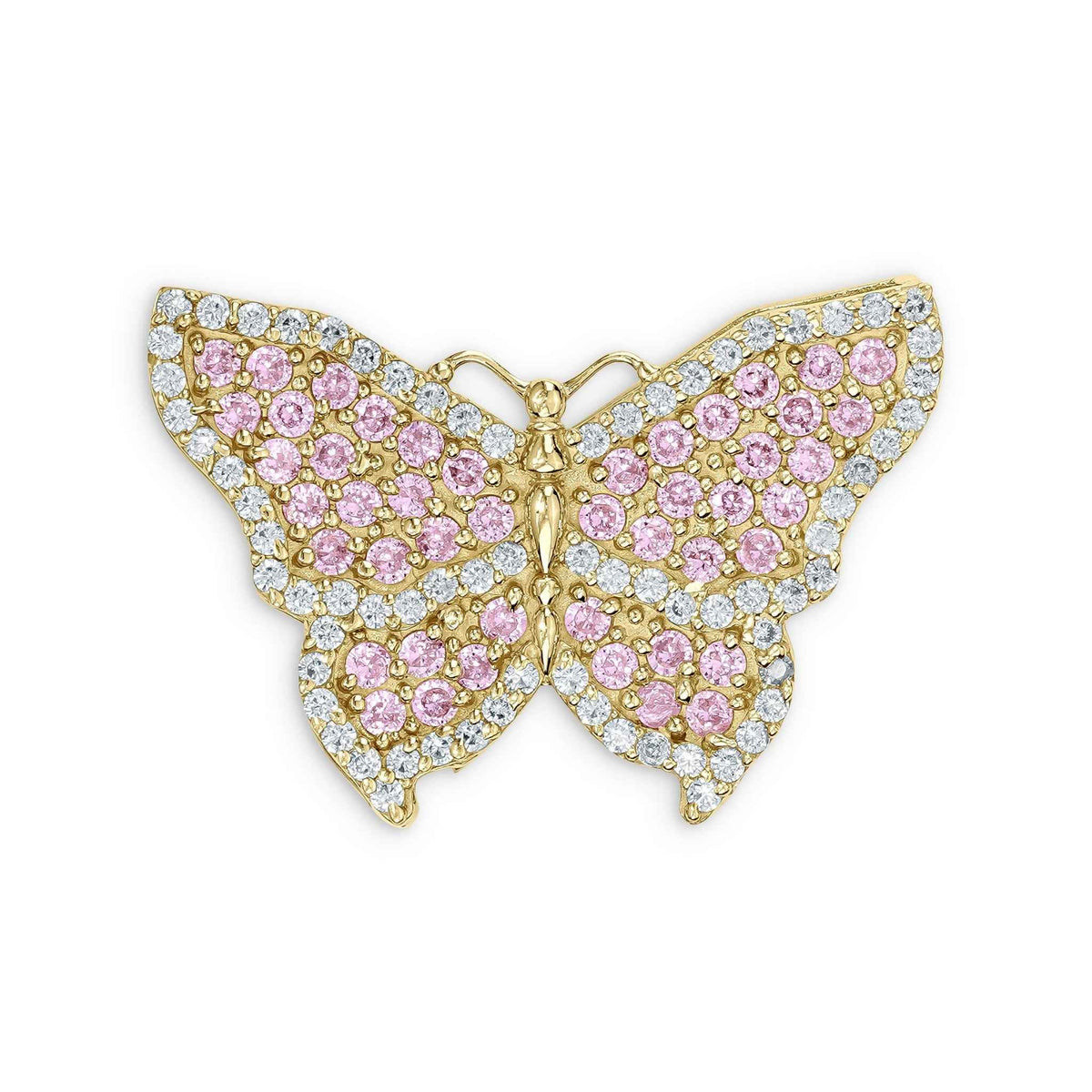 Shimmering pink and clear cubic zirconia 10k yellow gold butterfly pendant charm.