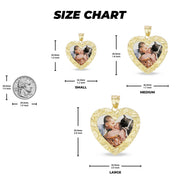 Size chart diagram comparing three heart-shaped gold memorial pendant sizes with dimensions.