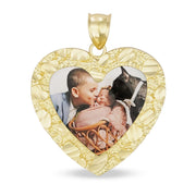 Heart-shaped gold memorial picture pendant with a textured nugget border and a custom photo featuring a child and a dog.