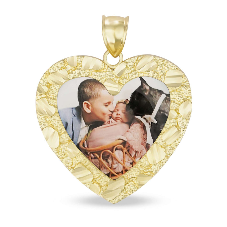 Heart-shaped gold memorial picture pendant with a textured nugget border and a custom photo featuring a child and a dog.