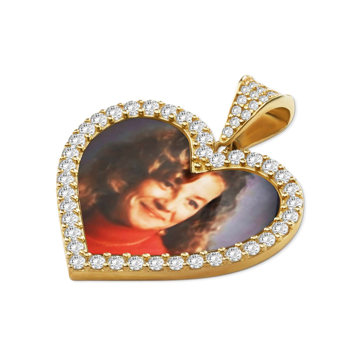 A 10k gold heart-shaped pendant features a pavé stone border and a custom photo.