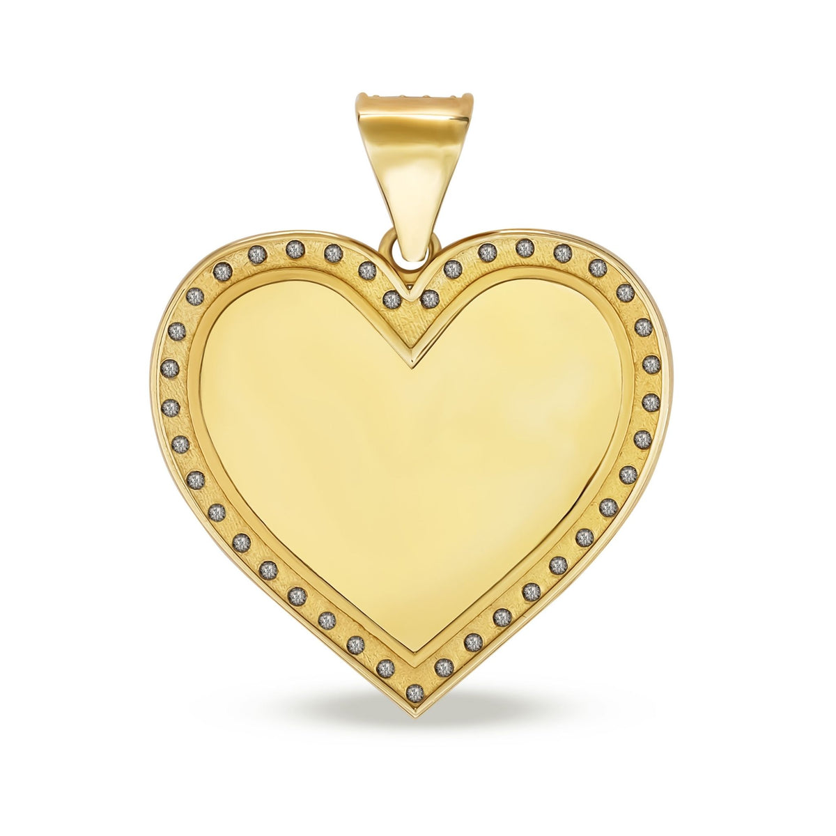 An empty heart-shaped 10k gold pendant with a sparkling stone border on a white background.