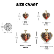 Size chart graphic showing four heart-shaped memorial pendant dimensions with a coin scale.