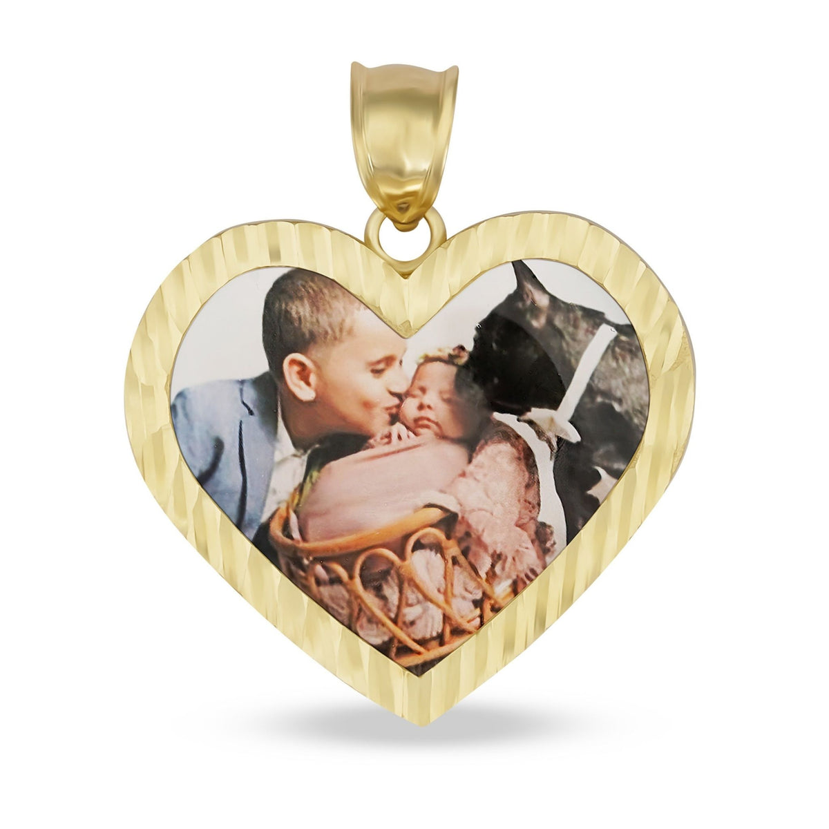 Front view of a 10k gold heart photo pendant with a customized family portrait.