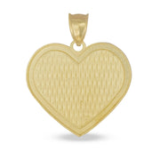 Back view of a 10k gold heart photo pendant showing textured grid interior and bail.