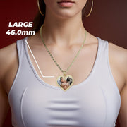 On-body view of a large 46.0mm gold heart photo pendant necklace on a woman.