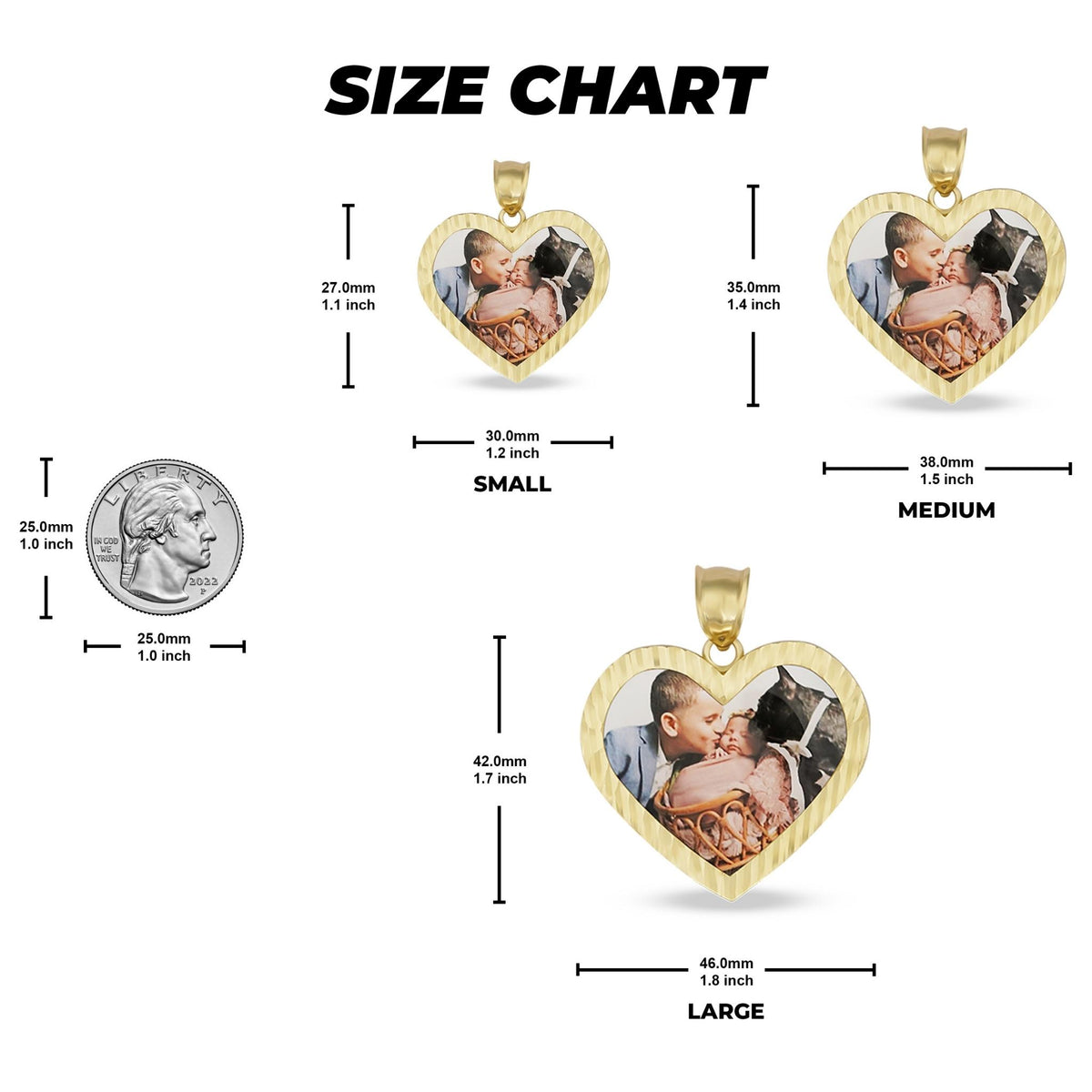 Size chart showing small, medium, and large heart-shaped gold pendants with millimeter dimensions.