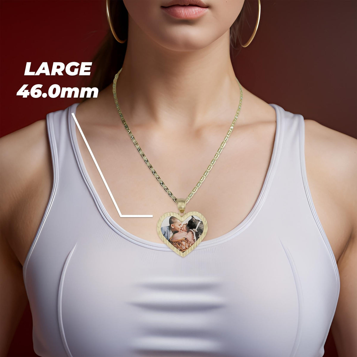 Woman wearing large 46.0mm heart-shaped gold memorial portrait pendant on a chain.