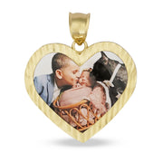 Diamond-cut heart-shaped gold memorial pendant holding a printed photograph of a man kissing a baby.
