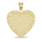 Back view of 10k yellow gold nugget heart memorial picture pendant showing textured scroll-patterned metal back.