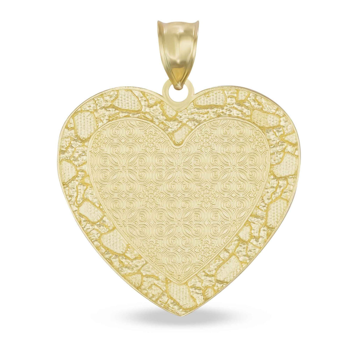 Back view of 10k yellow gold nugget heart memorial picture pendant showing textured scroll-patterned metal back.