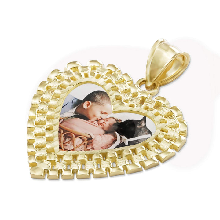 10k yellow gold commemorative heart picture pendant with an ornate textured bezel on white.