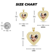 Size chart graphic displaying small, medium, and large heart-shaped gold pendants with dimension labels.