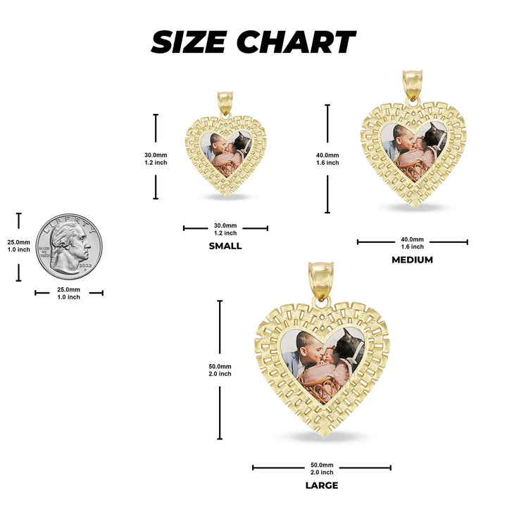 Size chart graphic displaying small, medium, and large heart-shaped gold pendants with dimension labels.