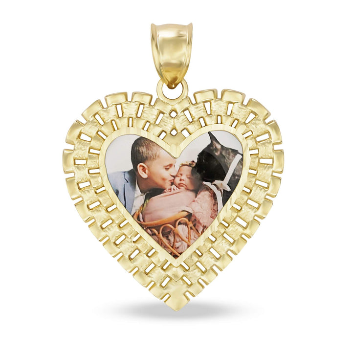 Gold Rolex-style heart pendant framing a custom memorial photo of a couple on a white background.