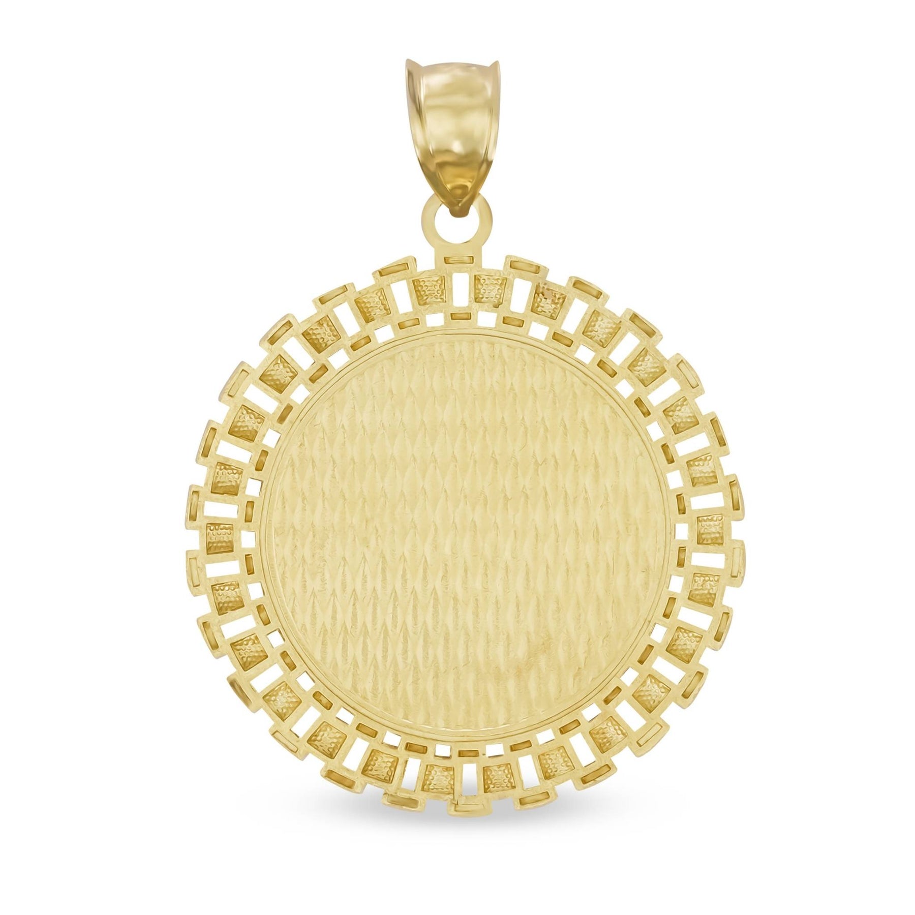 Back view of a 10k yellow gold Rolex-style round picture pendant blank on a clean white background.