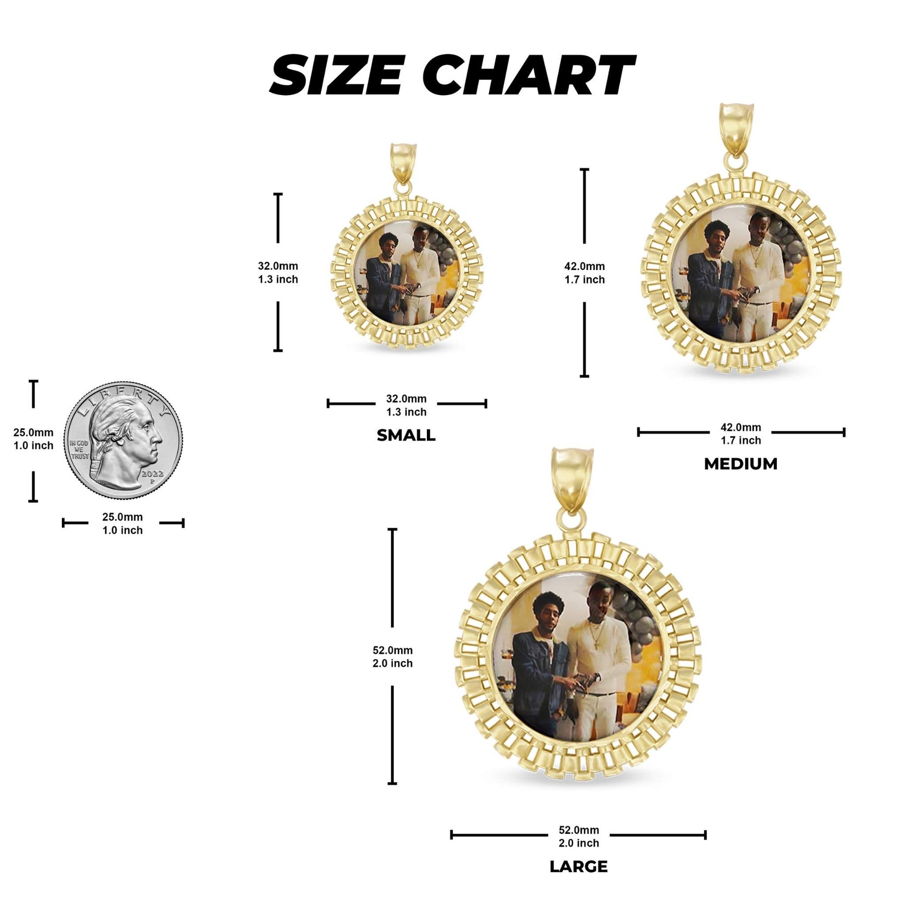 Size chart graphic showing small, medium, and large round gold pendants with measurement lines.