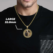 Man wearing a large 52.0mm gold Rolex-style round memorial photo pendant on a dark shirt.