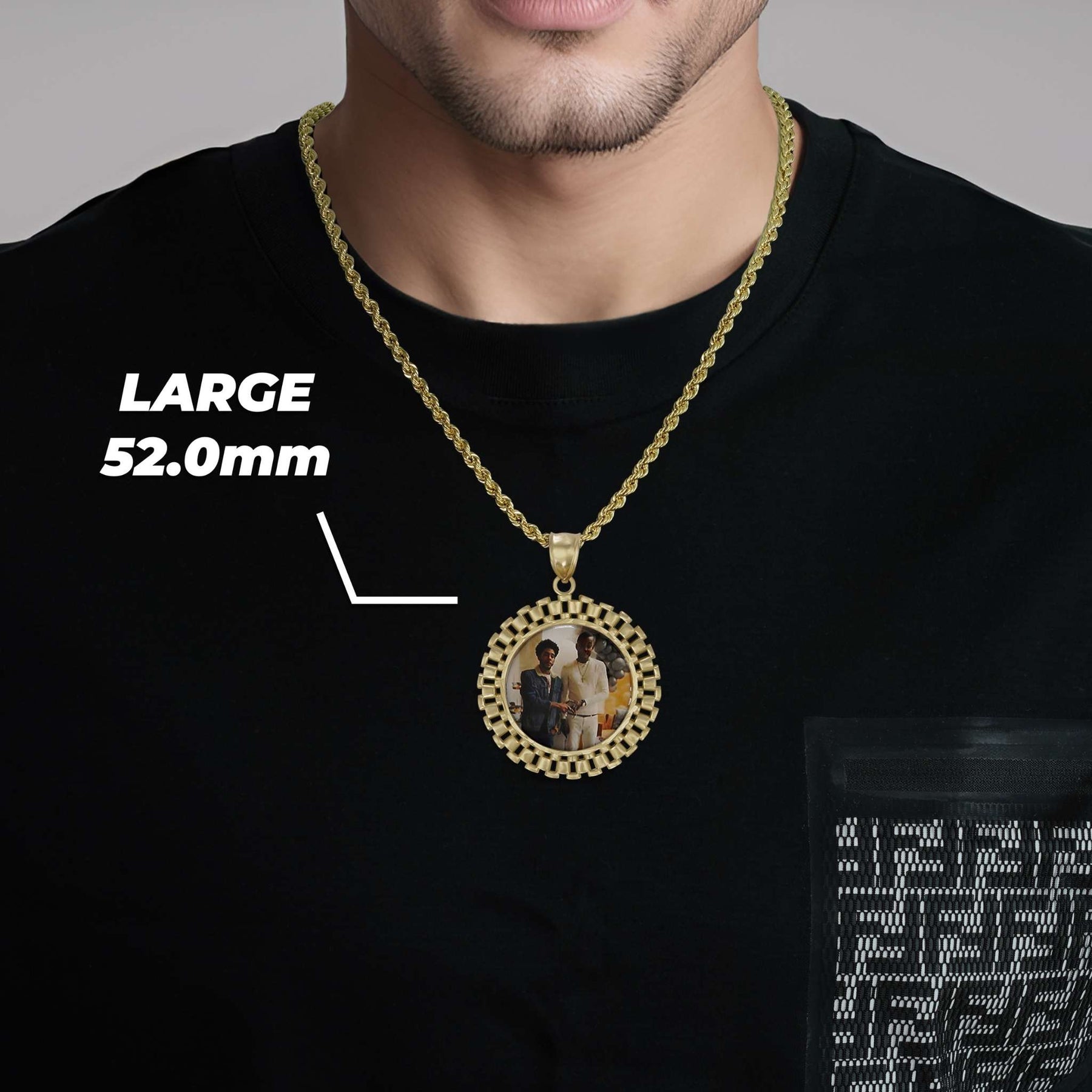Man wearing a large 52.0mm gold Rolex-style round memorial photo pendant on a dark shirt.