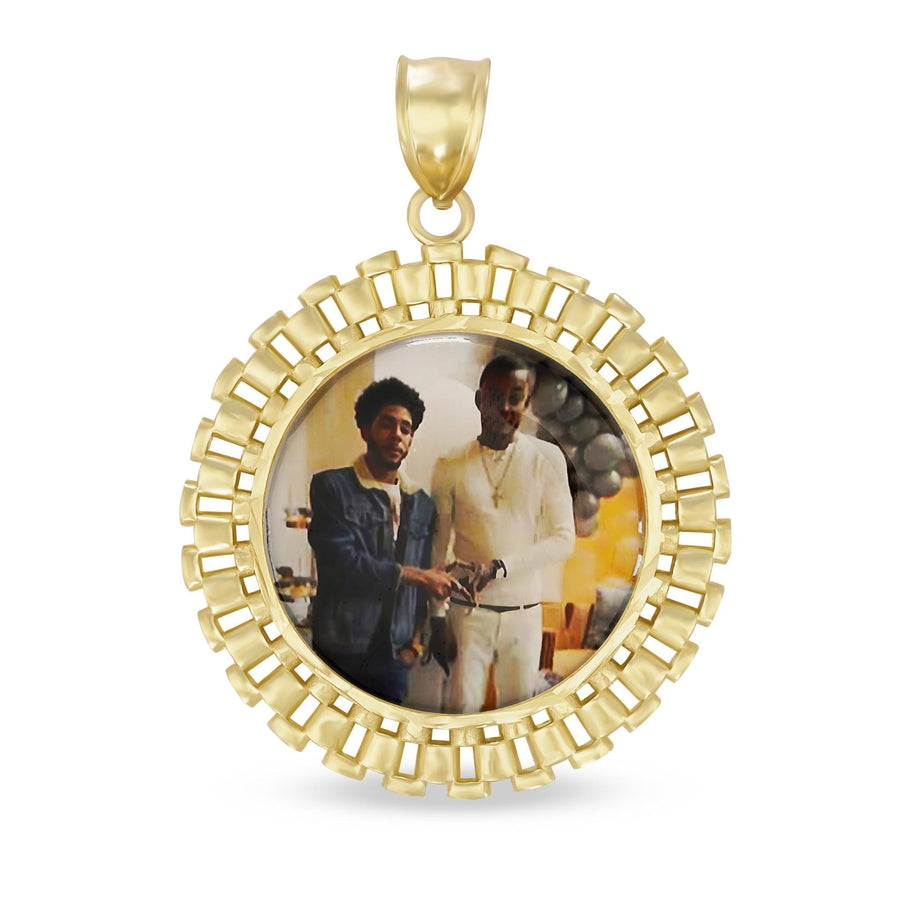 Gold Rolex-style round pendant necklace framing a custom memorial photo of two men.