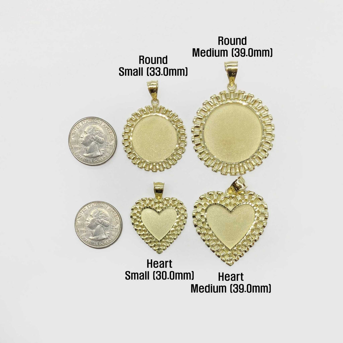 Size comparison chart showing round and heart gold picture pendants next to US quarters.