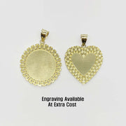Two gold picture pendant frames with textured centers and custom engraving notice below.