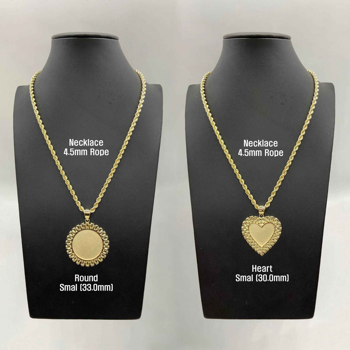 Small round and heart gold memorial pendants on 4.5mm rope chains on display busts